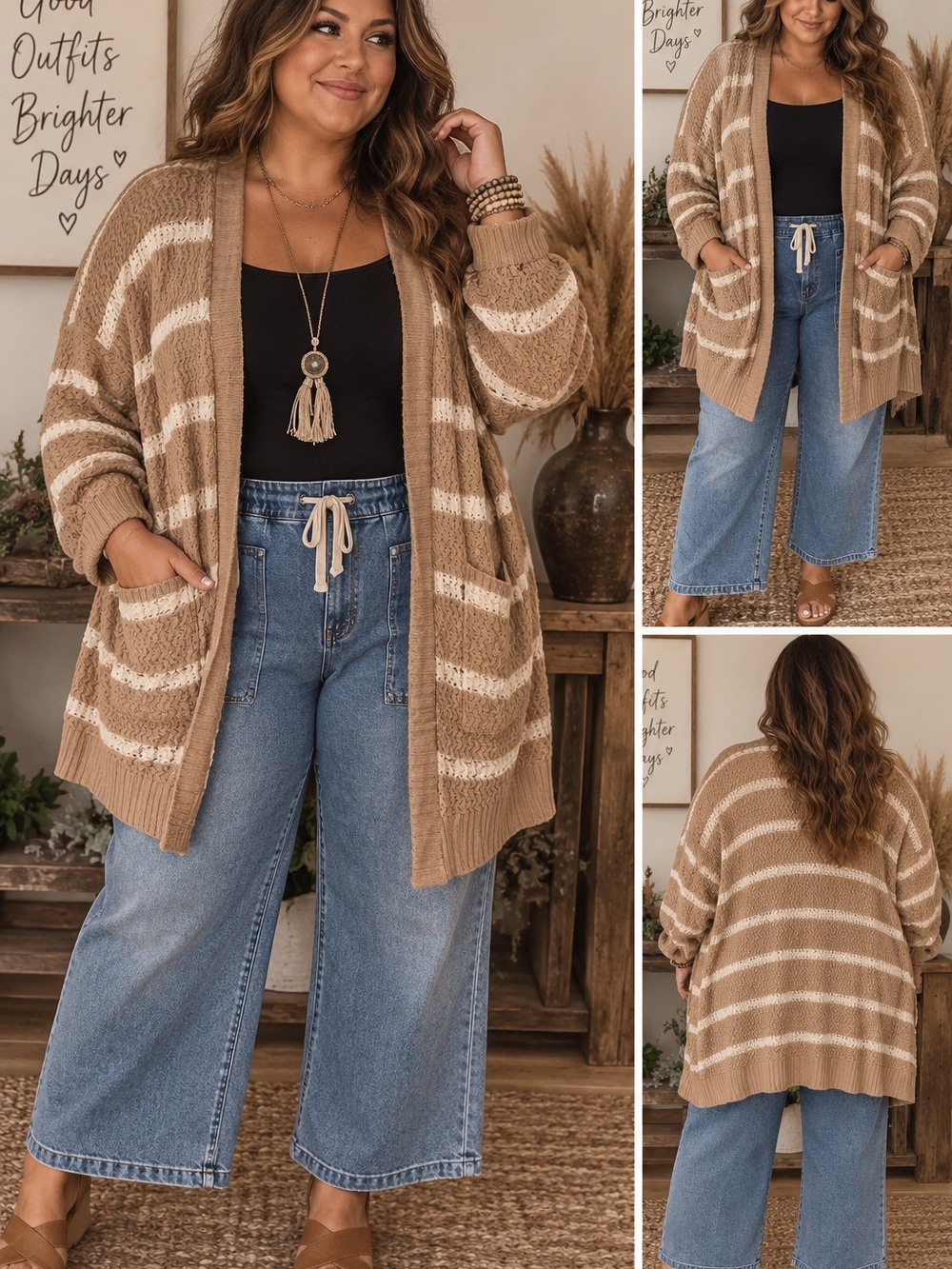American Eagle Outfitters Taupe & Cream Striped Open-Front Cardigan